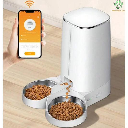 Distributeur Automatique Connecté Duo Haut de Gamme pour Chats et Chiens - Double Gamelle, APP et Alarmes de Manque de Nourriture - Mon Fidèle Ami